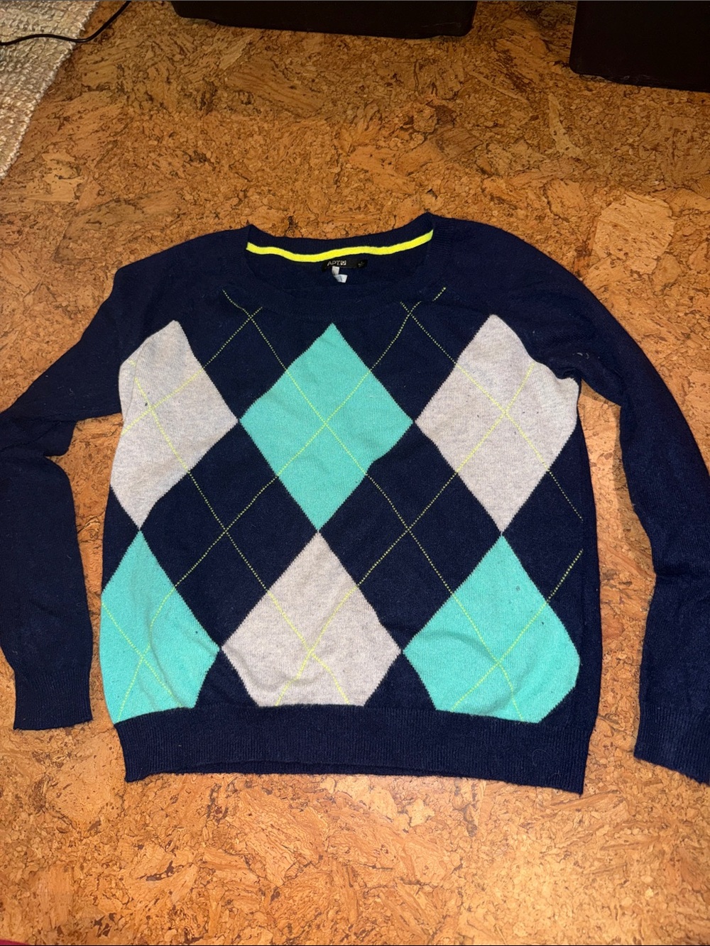 Apt. 9 Navy Crewneck Sweater with Teal and Gray Argyle